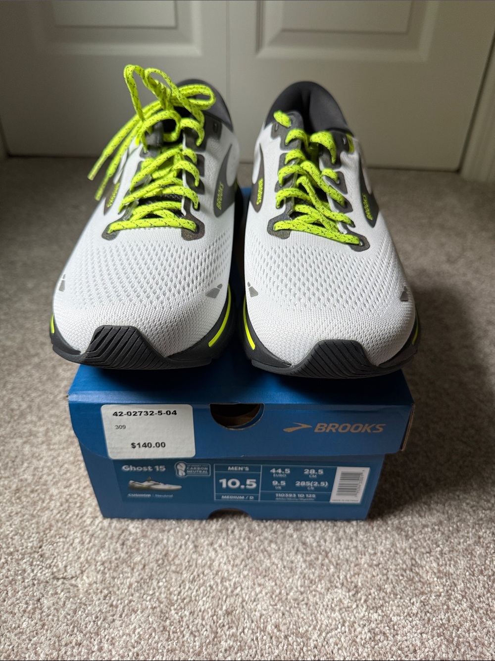 Brooks Ghost 15 Running Shoes in White and Neon Yellow